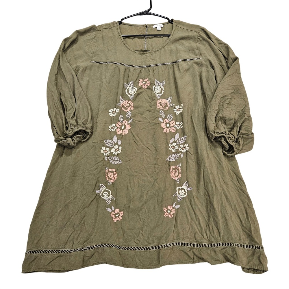Love Fire Olive Green Floral Embroidered Boho Shift Dress 2X